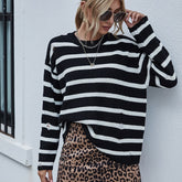 Loose Stitching Striped Sweater Casual Ripped Round Neck Sweater Sai Feel