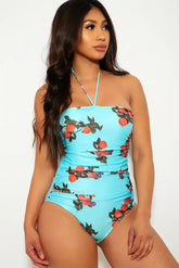 Mint Blue Printed Halter Padded One Piece Swimsuit Sai Feel