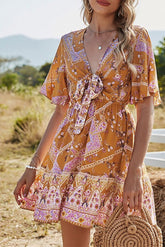 Multicolor V-Neck Flare Sleeve High Waist Knot Dress Sai Feel