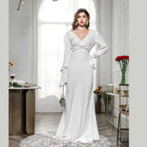 New Fashion Sexy Long Sleeve Wedding Dress Solid Color Evening Backless V Neck Lace Party Dress Sai Feel