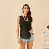 New Sleeveless Chiffon Tank Top Cross Back Hem Layed Zipper V-neck T Shirts Size S-3XL Sai Feel