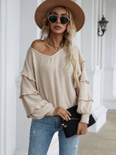 New casual solid color loose t-shirt long petal sleeve top Sai Feel