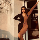 Abril Colorblock Button Front Knit Midi Dress - Black Tan - FINAL SALE