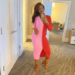 Abril Colorblock Button Front Knit Midi Dress - Red Tan - FINAL SALE