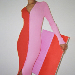 Abril Colorblock Button Front Knit Midi Dress - Red Tan - FINAL SALE