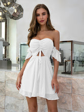 Off Shoulder Cut Out Ruched Drawstring Front Swiss Dot Shirred sexy dress Sai Feel