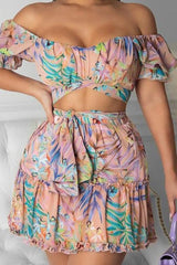 Off-Shoulder Floral Top & Skirt Coord Two-Piece Set Sai Feel