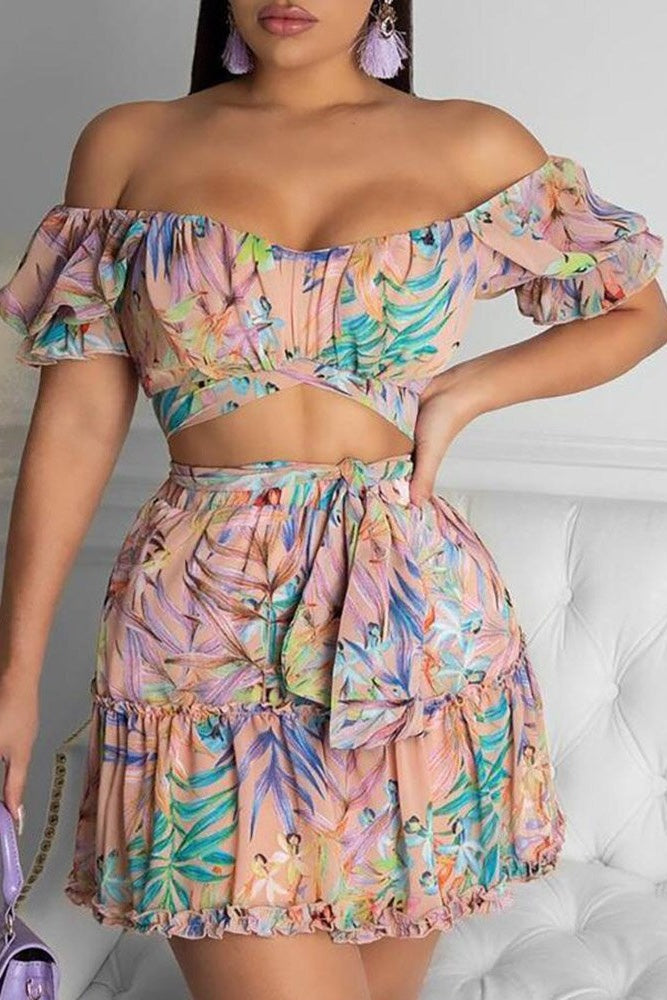 Off-Shoulder Floral Top & Skirt Coord Two-Piece Set Sai Feel