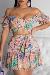 Off-Shoulder Floral Top & Skirt Coord Two-Piece Set Sai Feel