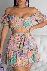 Off-Shoulder Floral Top & Skirt Coord Two-Piece Set Sai Feel