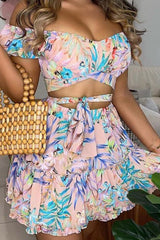 Off-Shoulder Floral Top & Skirt Coord Two-Piece Set Sai Feel