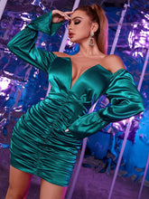 Off Shoulder Flounce Sleeve Ruched Satin Bodycon Dress Sai Feel