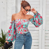 Off The Shoulder Tropical Print Shirred Bishop Sleeve Top Sai Feel