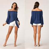 Off shoulder Solid Color Casual Tie Front Flared Sleeve Shirt Tee Sai Feel
