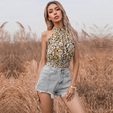 Off-the-shoulder Round Neck Print Slim Halter Vest Sai Feel