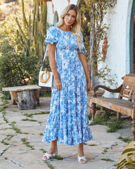 On Cloud Nine Floral Smocked Puff Sleeve Midi Dress Sai Feel