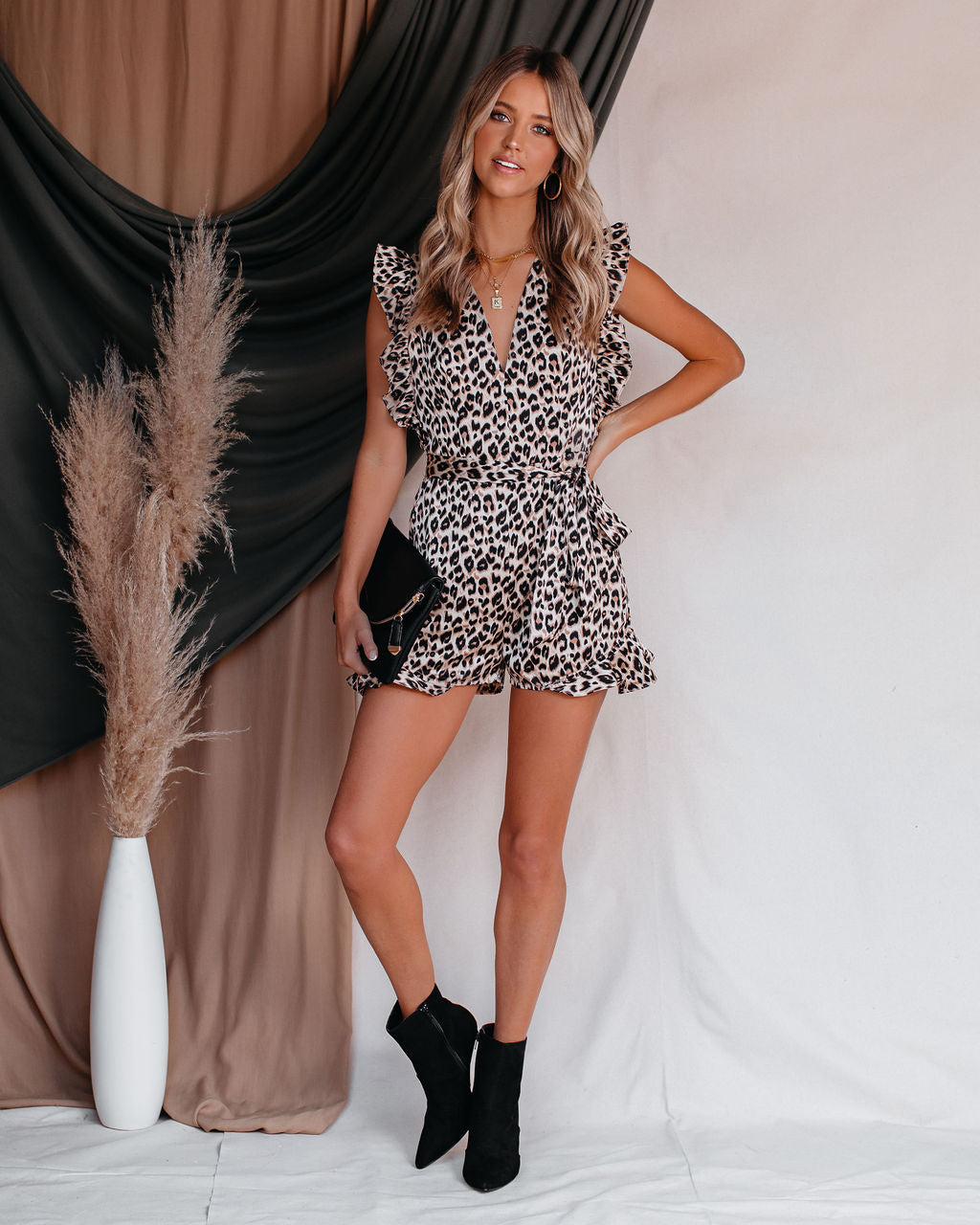 On My Own Pocketed Leopard Ruffle Romper Sai Feel