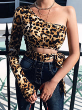 One Shoulder Belt Waist Slope Neck T Shirt Leopard Long Sleeve Women's T-shirt Crop Tops Sai Feel