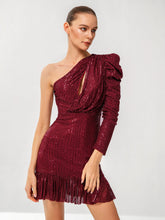 One Shoulder Puff Sleeve Sequins Bodycon Dress Sai Feel