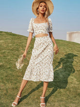 One-line Collar Shirt Pleated Lace Long Skirt Floral Suit Sai Feel