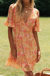 Orange Floral Flare Sleeves Open Back Mini Dress Sai Feel