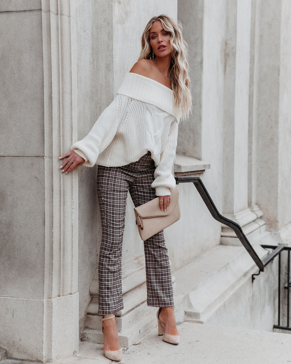 Oxford Off The Shoulder Cable Knit Sweater - Ivory Sai Feel