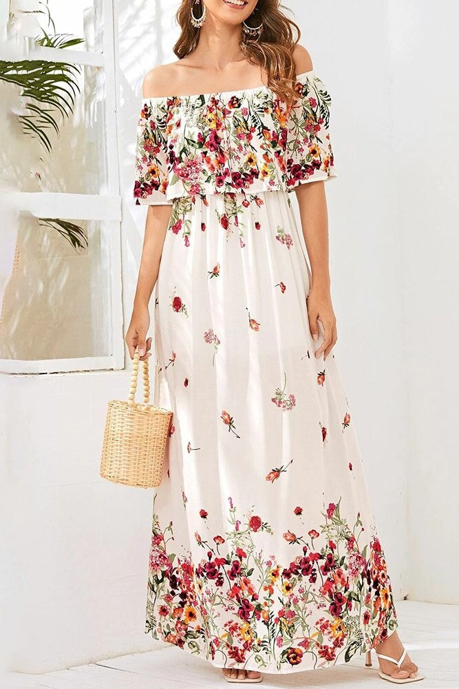 Patchwork Floor-Length Off Shoulder Half Sleeve Expansion Women's Dress Sai Feel