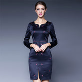 Peach heart collar Slim waist fashion women office work dress flower printing Sai Feel