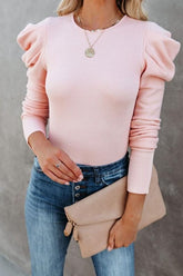 Pink Fall Retro Ruched Puff Sleeve Knitted T-Shirt Sai Feel