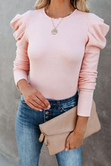 Pink Fall Retro Ruched Puff Sleeve Knitted T-Shirt Sai Feel