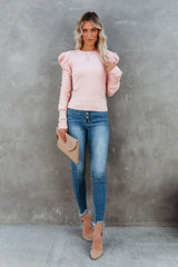 Pink Fall Retro Ruched Puff Sleeve Knitted T-Shirt Sai Feel
