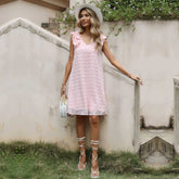 Pink solid color v-neck stitching vest dress Sai Feel