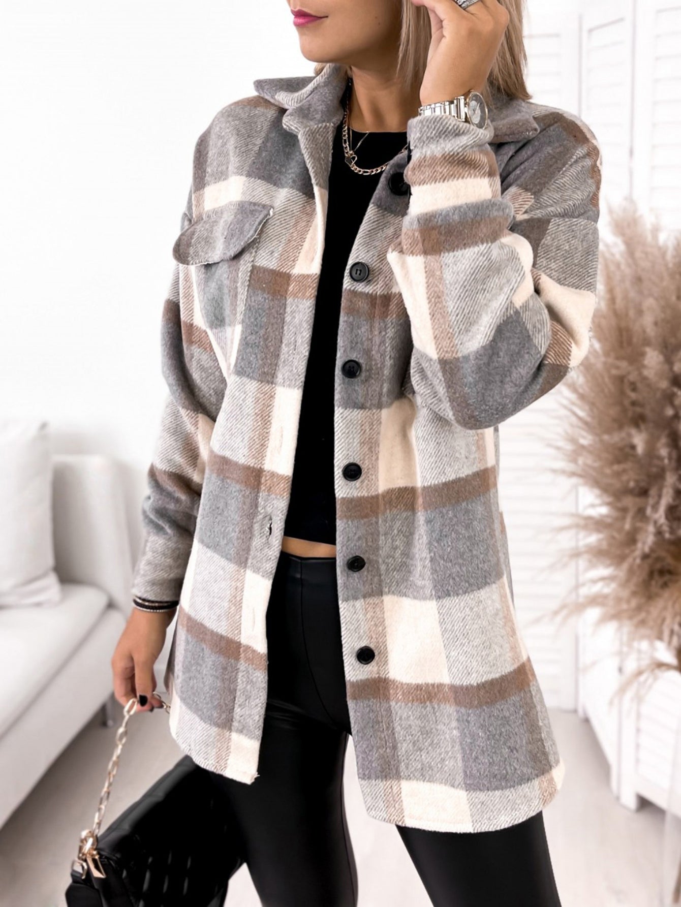 Plaid Drop Shoulder Flap Pocket Coat Sai Feel