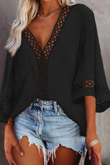 Plain V-Neck Patchwork Standard Women's Blouse Sai Feel