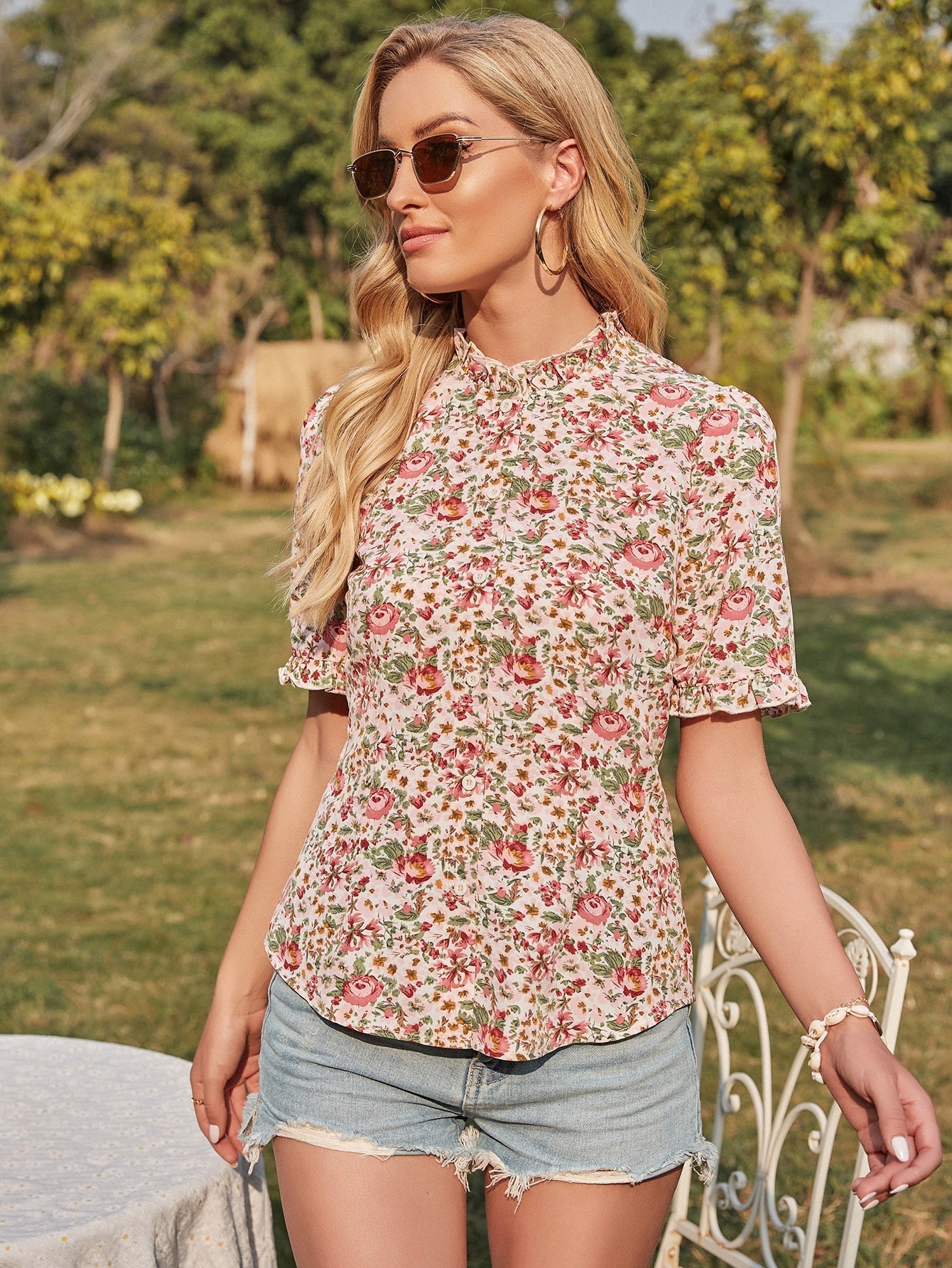 Pleated Floral Right Angle Shoulder Retro Top Sai Feel