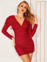 Plunging Neck Gigot Sleeve Sequin Bodycon Dress Sai Feel