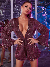 Plunging Neck Knotted Front Frill Trim Sequins Romper Sai Feel