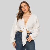 Plus Large size Women's Short Style Pure Color Long Sleeves Sexy Top Sai Feel