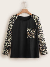 Plus Leopard Panel Raglan Sleeve Pocket Patched Tee Sai Feel