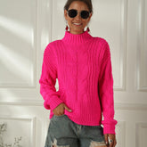 Plus Size Fluorescent Color Long-sleeved Cable Knit Sweater Loose Half High Neck Pullover Sweater Sai Feel