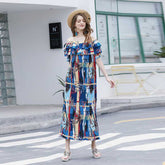 Plus Size Off Shoulder Geometric Print Pleated Dress Sai Feel