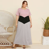 Plus Size Women Contrast Color Long Skirt Loose Short Sleeve Dress Sai Feel