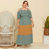 Plus Size Women Flounces Contrast Color Loose Flower Skirt Long Dress Sai Feel
