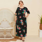Plus Size Women Flower Printing Round Neck Middle Sleeve Dress with Belt Sai Feel