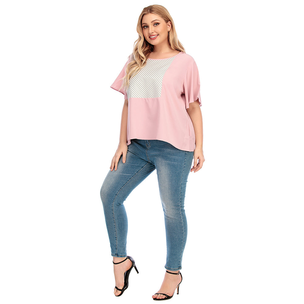 Plus Size Women Loose Contrast Color Striped T-shirt Top Sai Feel