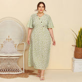 Plus Size Women Lotus Leaf Sleeve Button Decoration V-neck Floral Dress Sai Feel