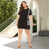 Plus Size Women Patchwork Striped Loose Casual Short-sleeved Dress Sai Feel