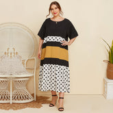 Plus Size Women Polka Dot Short Sleeves Loose Round Neck Contrast Color Dress Sai Feel