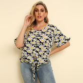 Plus Size Women Round Neck Loose Tie T-shirt Daisy Print Top Blouse Sai Feel