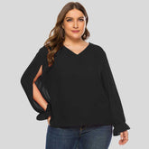 Plus Size Women Solid V-neck Puffy Sleeve Loose Long Sleeve Chiffon Blouse Shirt Sai Feel